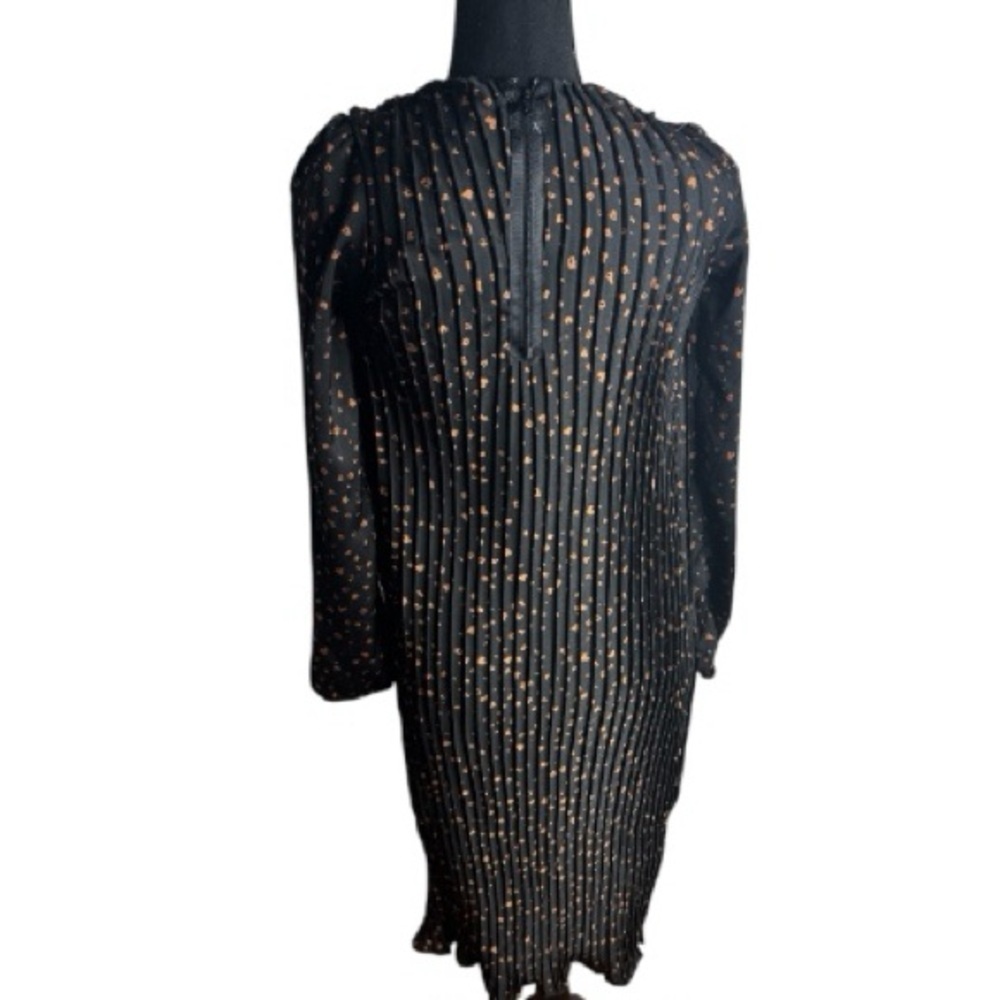 NOTE Black Pleated Polka Dot Midi Dress Long Sleeve Shift Style Sz XS - Picture 2 of 3